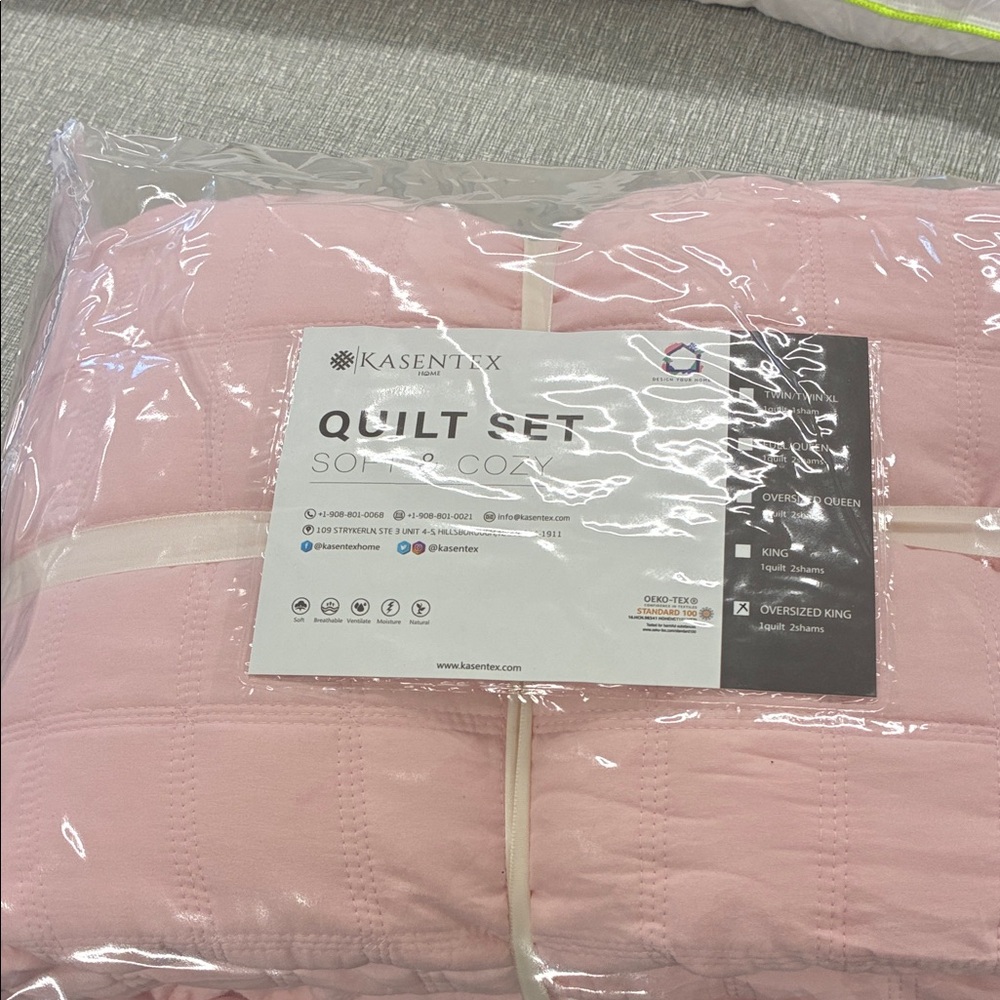 Oversized King Pink Stone-Washed Box Stitched Soft Quilt Set, Pink - 1801-PK-OK